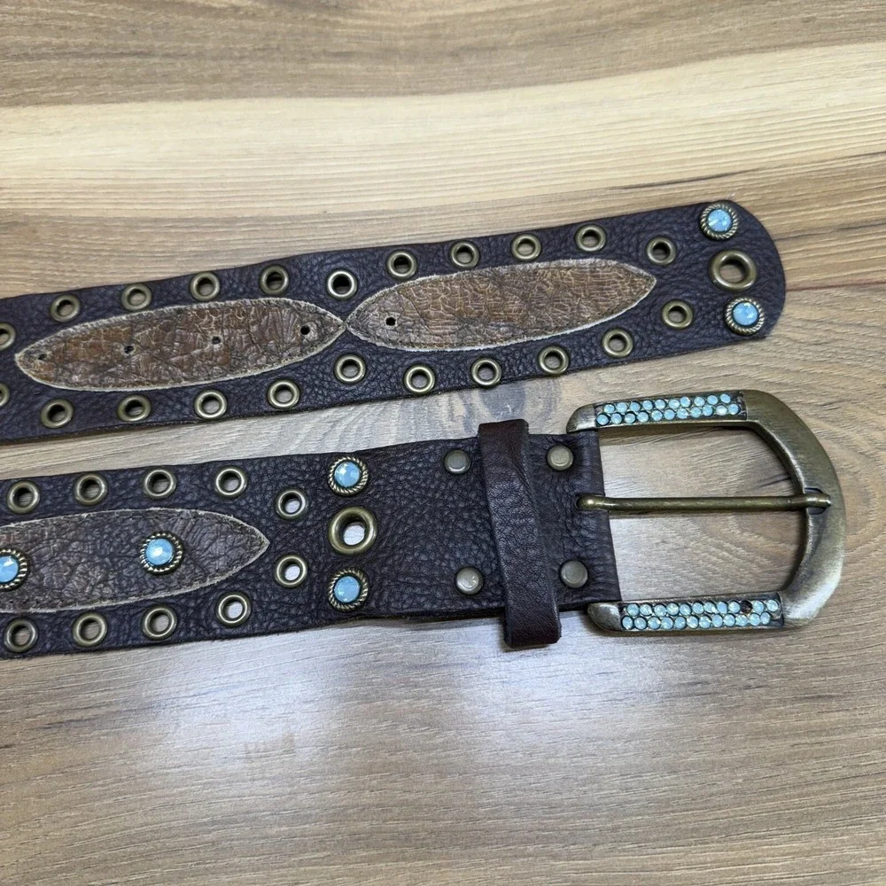 LEATHEROCK Womens Belt Size 30 XS S Brown Leather Rhinestone USA Made